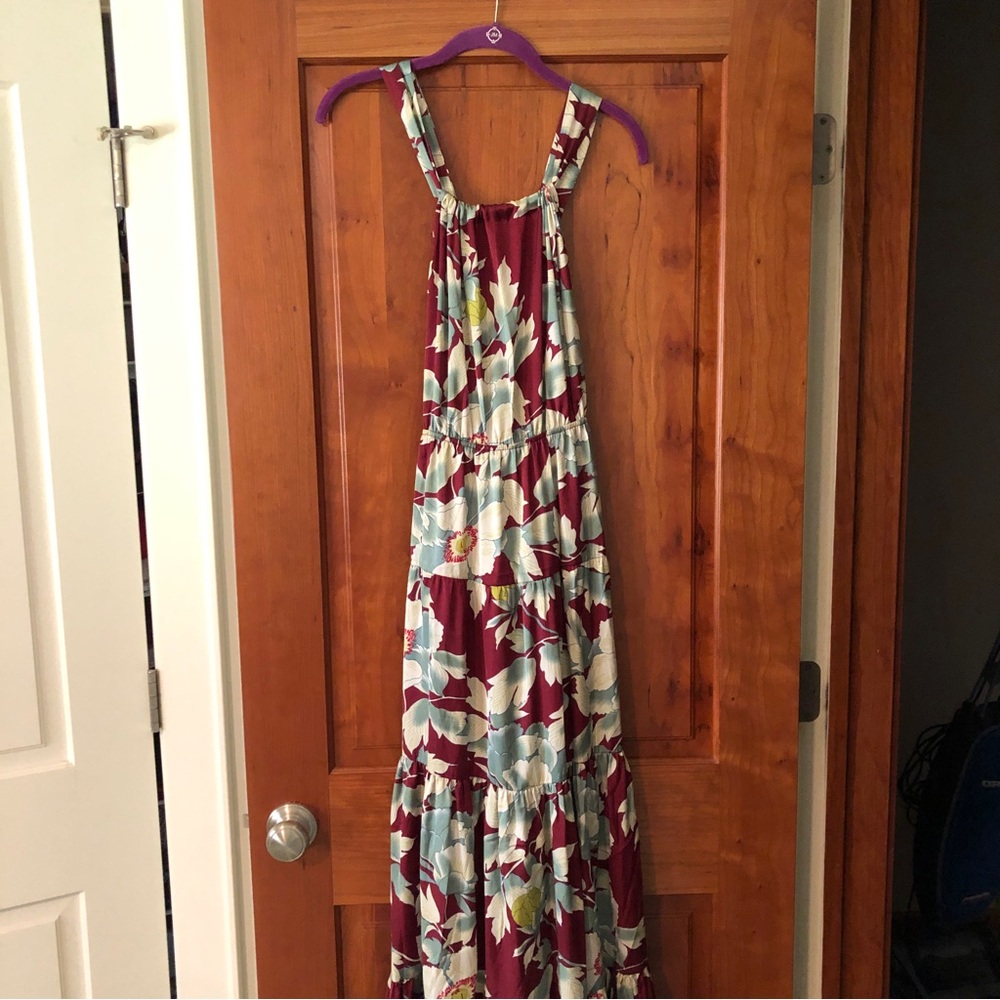 Nwt Lulu's Boho Burgundy Floral Print Tie-Back Tiered Maxi Dress
